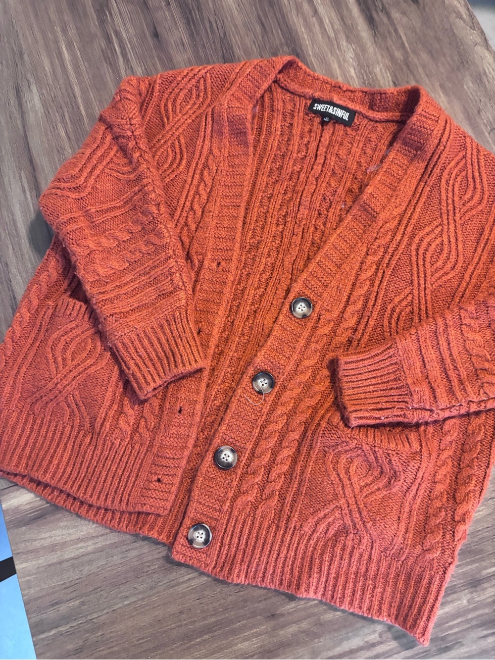 Sweet & Sinful Rust Orange Cable Knit Button-Front Cardigan Sweater